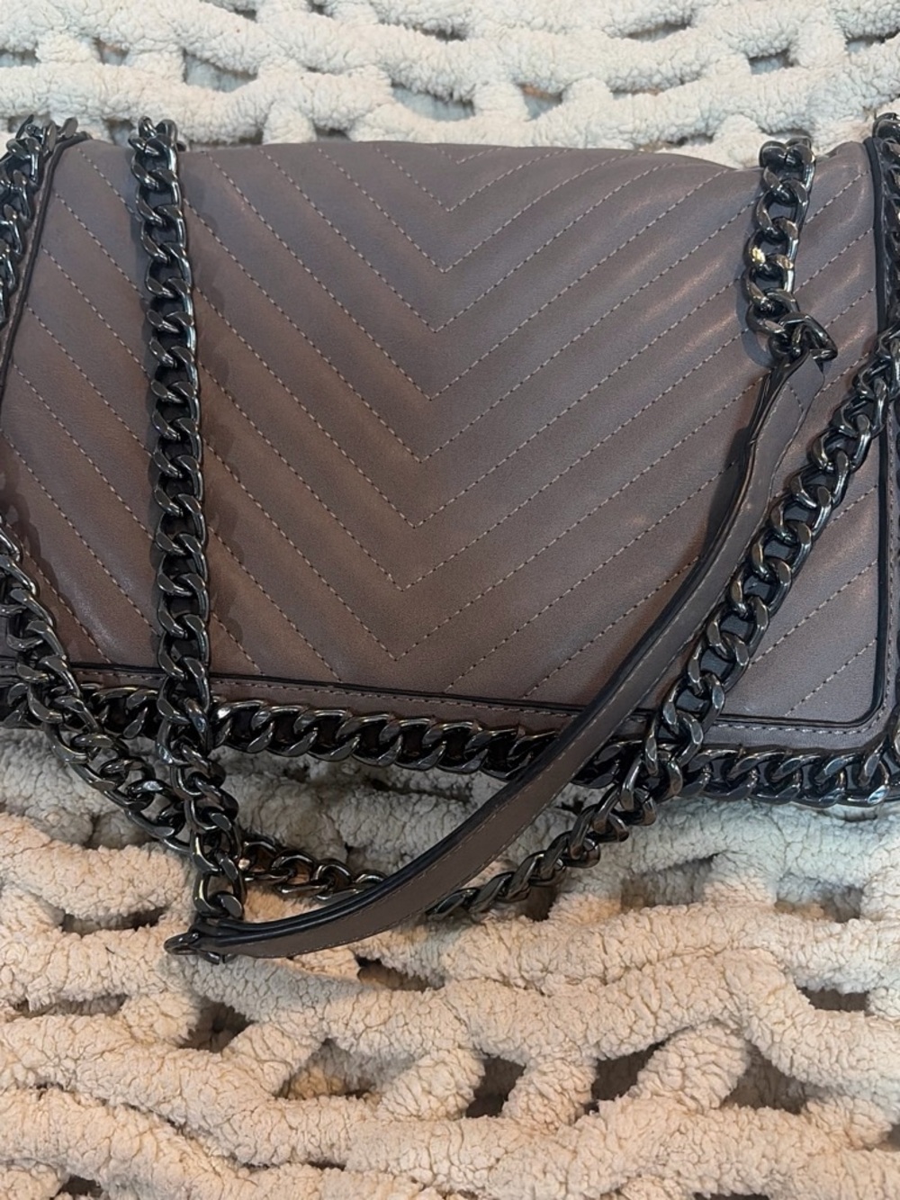 Aldo Quilted Chevron Shoulder Bag in Taupe with Black Chain